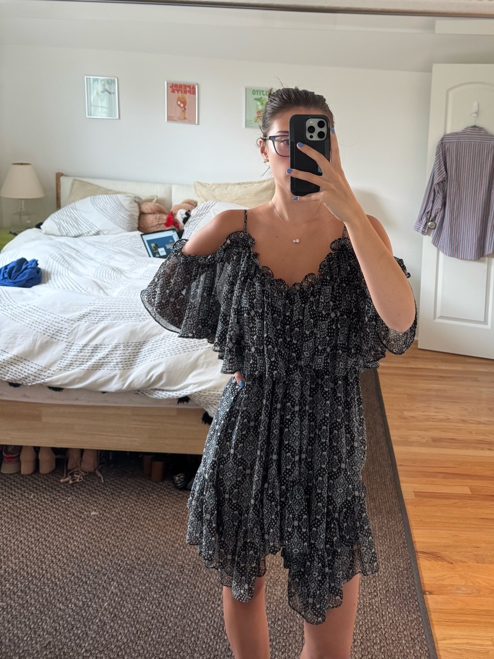 MISA Los Angeles Black Boho Ruffle Cold Shoulder Mini Dress